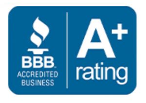 The image features a logo with a blue background and a white border, displaying an 'A' within a shield-shaped design, accompanied by text that reads 'BBB Accredited Business' and 'Rating + A'.