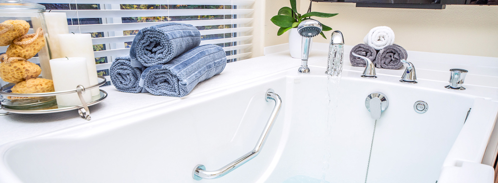 The image displays two photographs side by side on the left, a neatly arranged bathroom with towels, toiletries, and a sink on the right, a similar setting but with an unmade bed in the background, suggesting a transition from a bedroom to a bathroom.