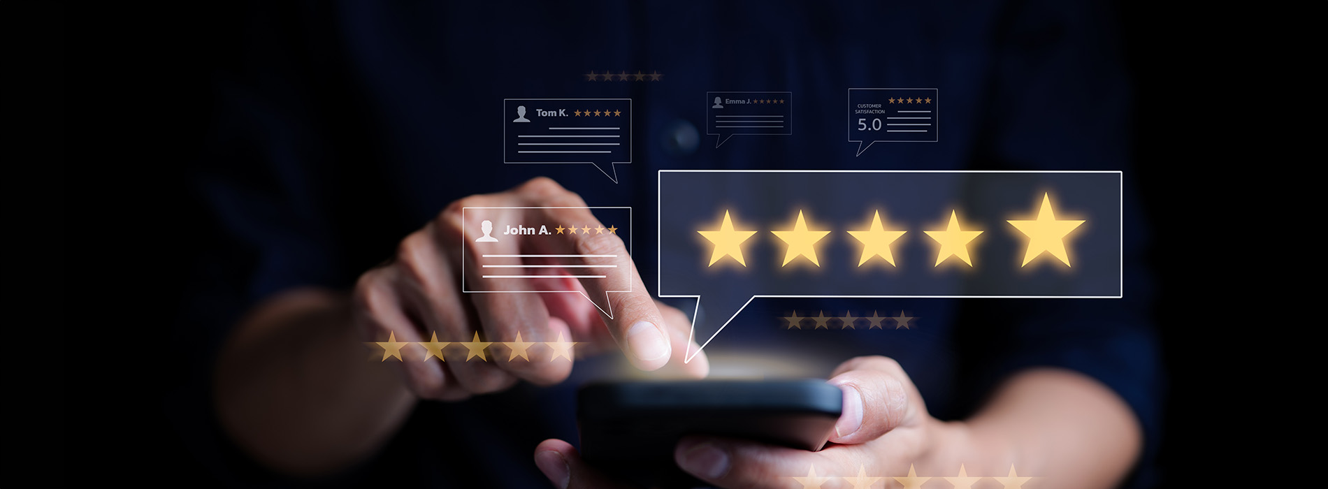 The image shows a smartphone displaying five glowing stars against a dark background with a person s hand holding the phone, which appears to be taking a screenshot of the star ratings.