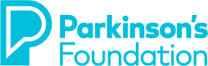 The image features a logo with text that reads 'Parkinson's Foundation' alongside a stylized graphic resembling a hand or a leaf, set against a gray background with a blue header.