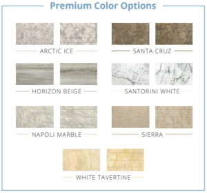 The image displays a selection of premium color options for kitchen cabinets, showcasing various finishes such as marble, granite, and other textured materials, with names like Santa Cruz, Arctic Ice, Horizon Beige, Sierra White, and others, presented in a grid format.