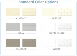 The image displays a color palette with various shades of gray, white, brown, and black, likely representing paint colors for standard options, with labels such as Standard, Almond, Bisquit, Matt White, and others, presented in a grid format against a plain background.