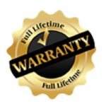 The image features a circular stamp-like graphic with a yellow border, containing a black and white checkmark inside a shield shape, indicating some form of certification or approval. Below this emblem is text that reads 'FULL LIFETIME WARRANTY' in bold, capitalized letters. To the left of the emblem, there is a smaller circular stamp with a red border and the word 'Warranty' in white letters, followed by the phrase 'FULL LIFETIME WARRANTY' in smaller black letters. The overall style of the image suggests it may be used to convey a promise or guarantee related to a product or service.