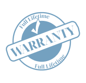 The image shows a blue circular stamp with a white border, featuring the word Warranty prominently at the top. Below this, there is an illustration of a magnifying glass over a shield symbolizing security. The text FULL LIFETIME WARRANTY is written in capital letters around the circumference of the circle, and beneath it, the phrase FULL LIFETIME is repeated twice. At the bottom of the stamp, there is a blue checkmark inside a white square. To the right of the checkmark, the word LIFETIME is written again in capital letters, followed by the text FULL LIFETIME WARRANTY below it. The background of the image is plain and does not distract from the stamp itself.