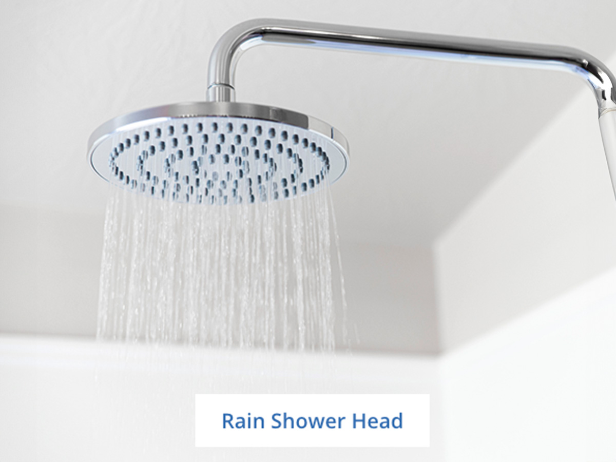 The image shows a modern, stainless steel shower head with multiple nozzles attached to a wall-mounted fixture, set against a white background.