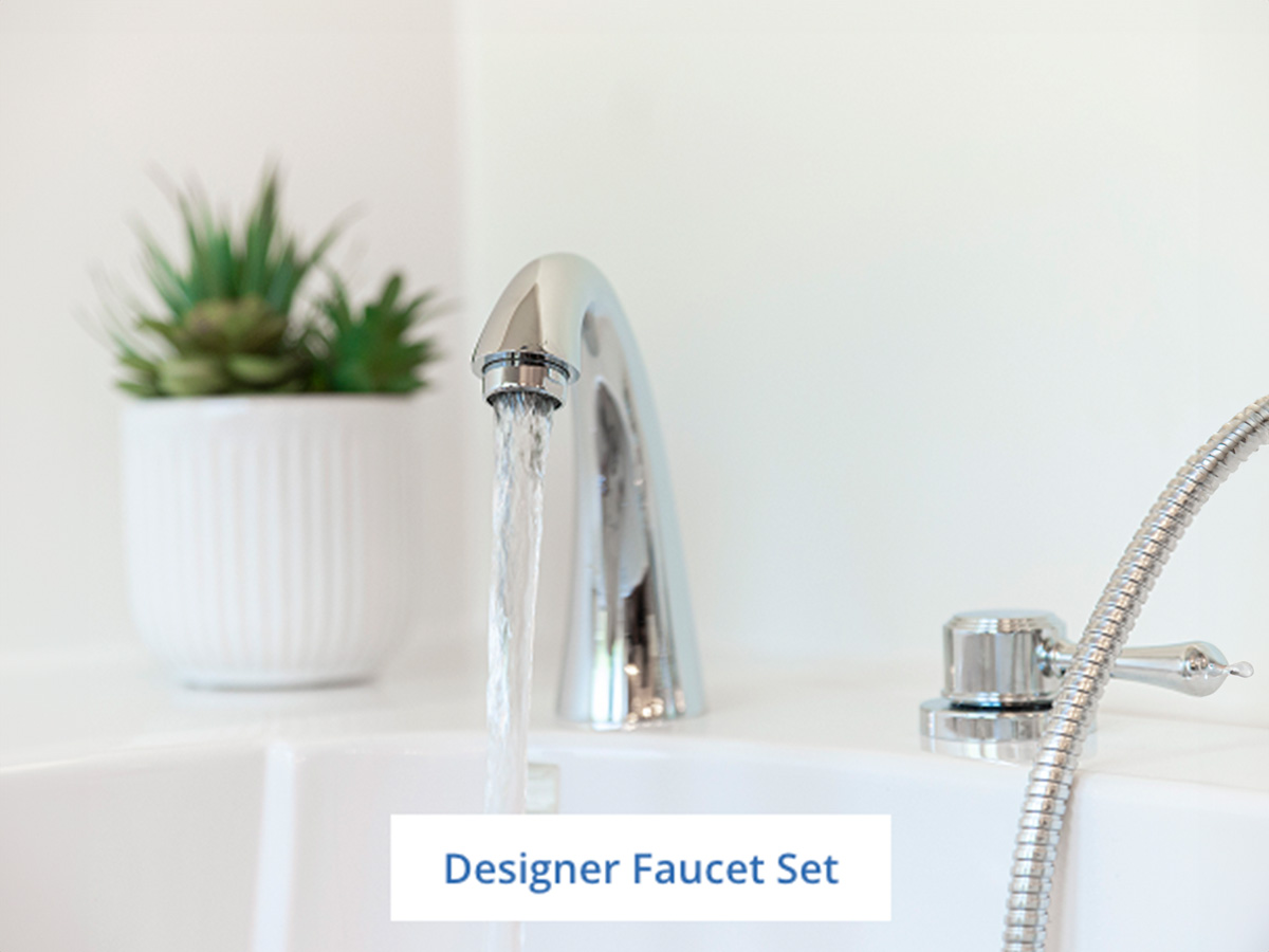 The image shows a modern bathroom with a freestanding bathtub, a chrome faucet, and a white interior.