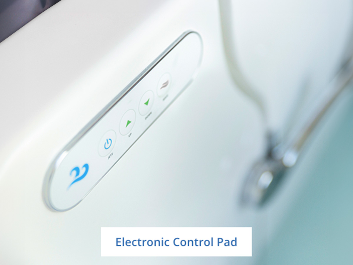 The image shows an electronic control pad with various buttons and symbols, likely for operating a device or system, possibly in a medical or healthcare setting, given the context of the word electronic control pad.